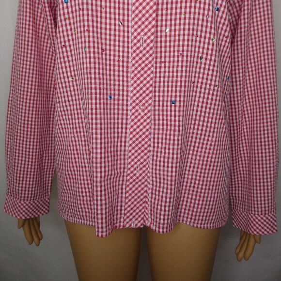 Quacker Factory Seersucker Tab Sleeve Blouse Plaid Rhinestones Sparkly Rainbow - Picture 8 of 11